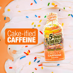 Five-hour ENERGY confetti cake packaging closeup suggests convenient on-the-go energy.