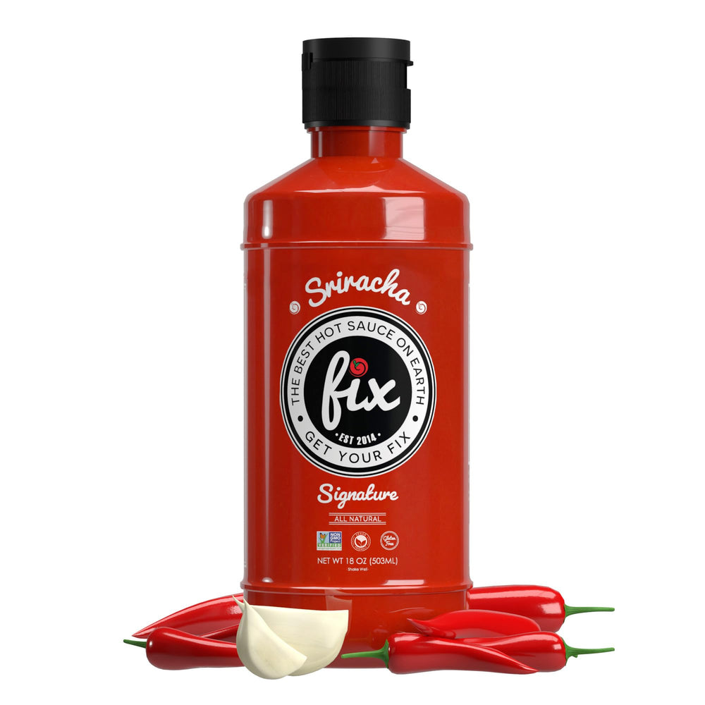 Fix Hot Sauce Sriracha bottle with bold red peppers for balanced heat