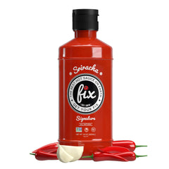 Fix Hot Sauce Sriracha bottle with bold red peppers for balanced heat