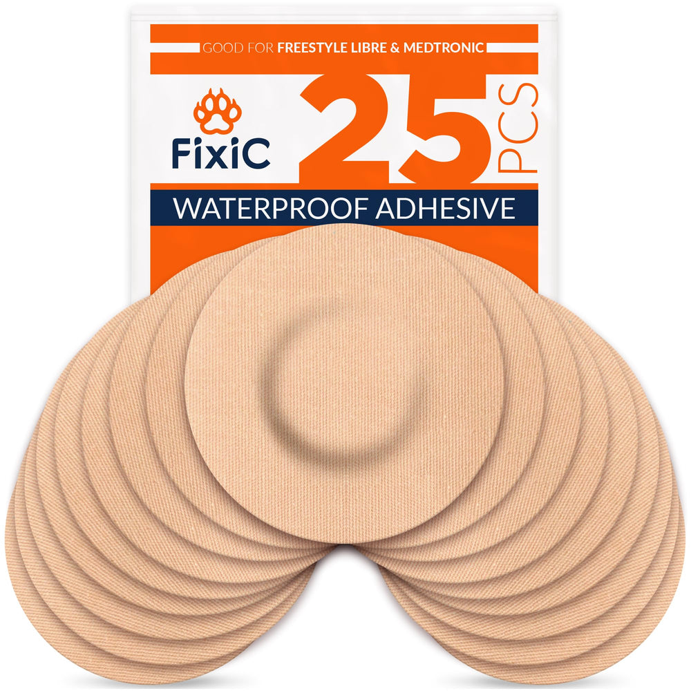 Fixic 25-pack adhesive patches, front view, tan for Libre sensors; secure during activity.