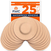 Fixic 25-pack adhesive patches, front view, tan for Libre sensors; secure during activity.