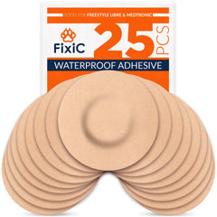 Fixic 25-pack adhesive patches, front view, tan for Libre sensors; secure during activity.