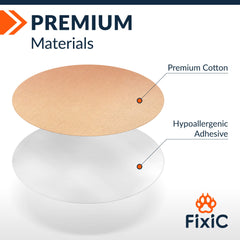 Fixic adhesive patch close-up showing three-part backing and skin-friendly acrylic.