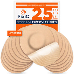 Fixic Libre 3 sensor cover packaging shows a 25 patch pack