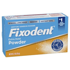 Fixodent Extra Hold powder 2.7 oz box highlights value pack design.