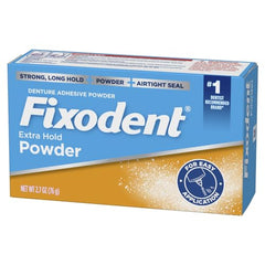 Fixodent Extra Hold powder airtight seal close-up showcases secure fit.