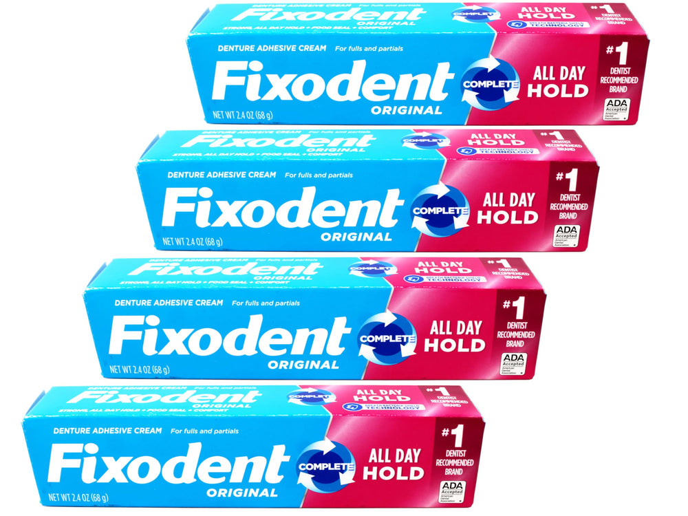 Fixodent Original denture adhesive cream tube shows strong hold for all-day wear.