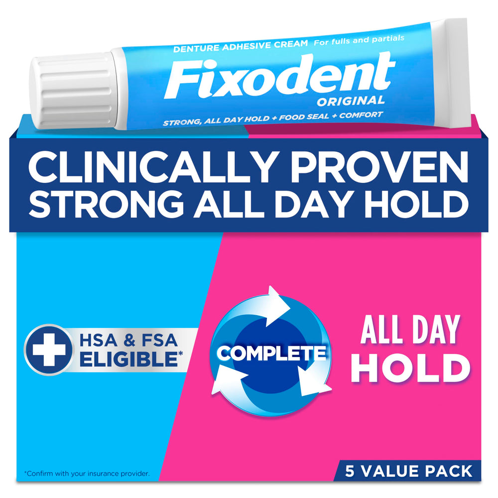 Fixodent Original denture adhesive tube pack for all-day hold and comfort.