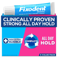 Fixodent Original denture adhesive tube pack for all-day hold and comfort.