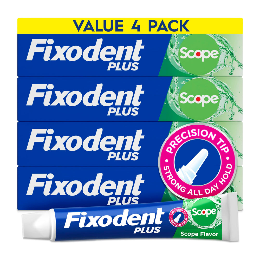 Fixodent Plus Scope adhesive tube in a four-pack for all-day hold