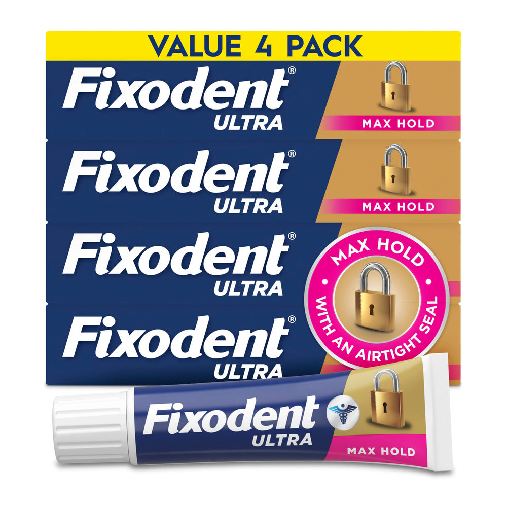 Fixodent Ultra Max Hold tube front view showing strong adhesion for dentures
