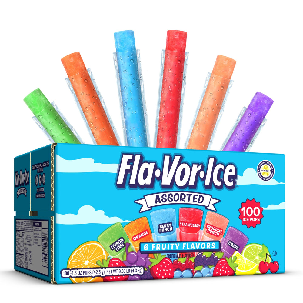 Fla-Vor-Ice assorted-flavors-box showing a bulk pack for family cooling.