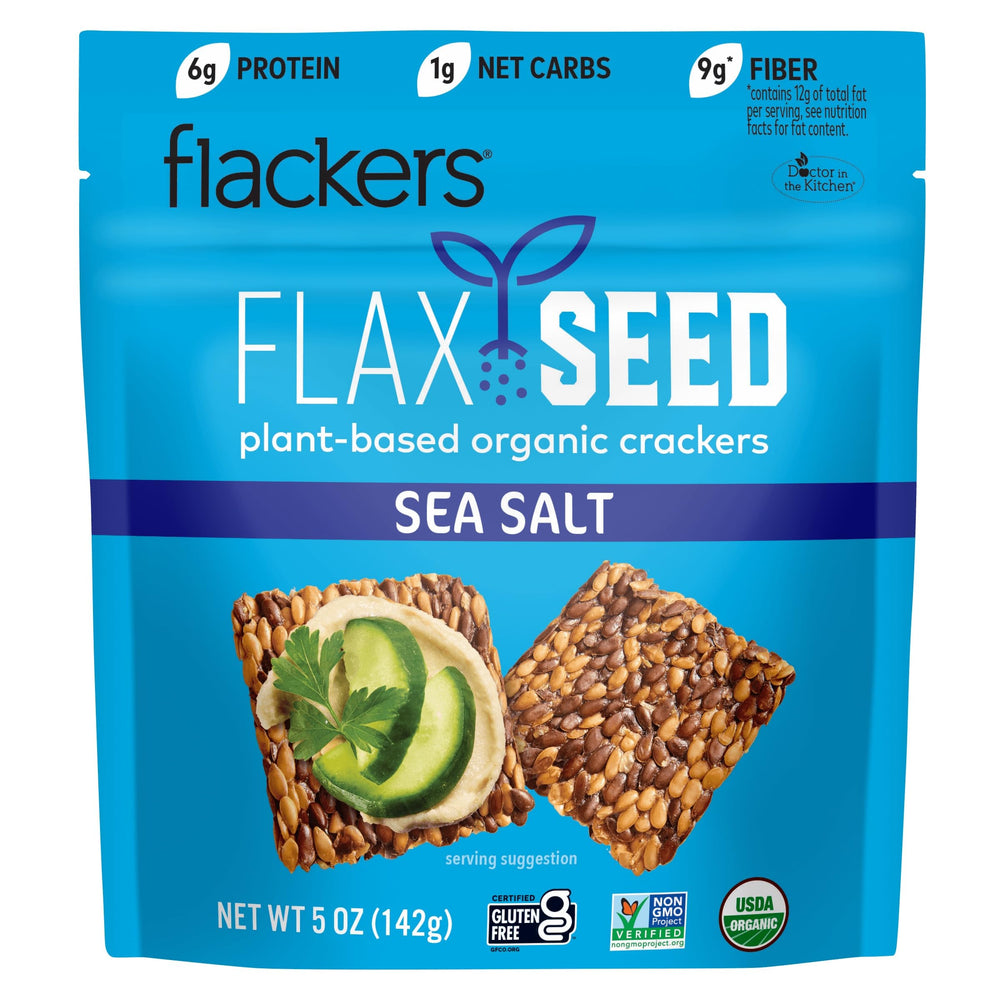 Flackers organic sea salt flaxseed crackers package, gluten-free snack option.