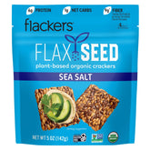 Flackers organic sea salt flaxseed crackers package, gluten-free snack option.