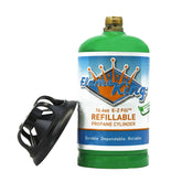Flame King 1lb empty propane tank in green, ready for refill and reuse on camping trips