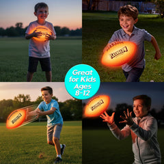 FlashGlow kids playing outdoors with glow football in evening light