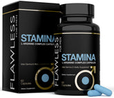 FLAWLESS FOR MEN Stamina bottle label shows premium packaging for vitality and easy dosing.