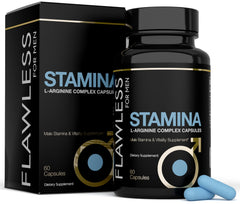 FLAWLESS FOR MEN Stamina bottle label shows premium packaging for vitality and easy dosing.