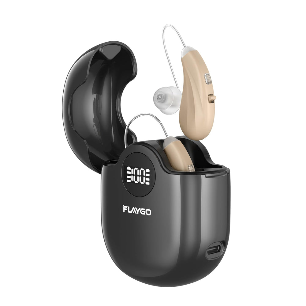 Flaygo hearing aids in beige case worn discreetly for everyday conversations