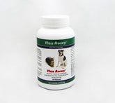 Flea Away bottle label with liver-flavor tablets for dogs and cats, supporting natural pest deterrence.