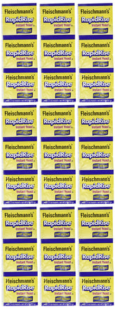 Fleischmann's RapidRise yeast packaging shows the 9-pack format for quick pizza crusts.