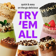 Flimeal chocolate shake with crunchy protein balls for a dessert-like texture