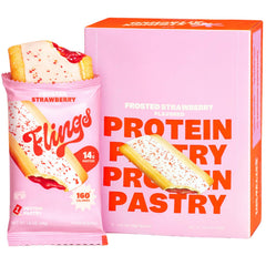 FLINGS Frosted Strawberry pastries in a box for on-the-go snacking.