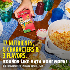 Flintstones Vitamins chewable kids jar back shows 17 nutrients for growing bodies.