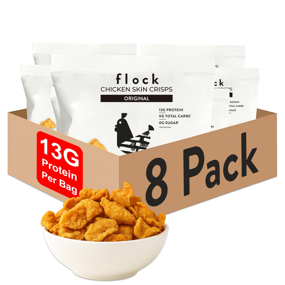 Flock Keto Chicken Skin Chips Original pack offers a crisp, savory, protein-rich snack.