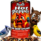 Flockin hot pepper bird seed cylinder with hole attracts backyard birds and reduces squirrel visits.