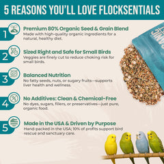 Flocksentials parakeet meal in bowl, balanced daily nutrition.