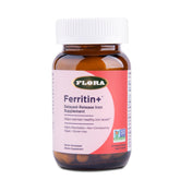 Flora Ferritin+ bottle front showing plant-based iron for energy support.