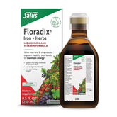 Floradix Iron & Herbs bottle closeup showing liquid iron supplement for daily energy support.