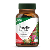 Floradix Iron + Herbs bottle label highlights vegan, non-GMO formula.
