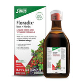 Floradix Iron & Herbs bottle label highlights plant-based iron for daily energy support.