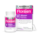 Florajen Women's Probiotic bottle shows the multi-strain formula for vaginal and gut support.
