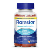 Florastor gummies bottle packaging for convenient daily digestive support.