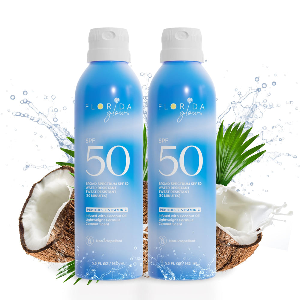Florida Glow sunscreen spray bottle from Florida Salt Scrubs for quick sun protection.