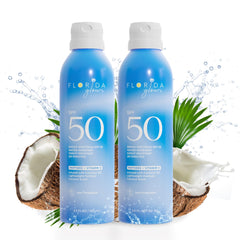 Florida Glow sunscreen spray bottle from Florida Salt Scrubs for quick sun protection.