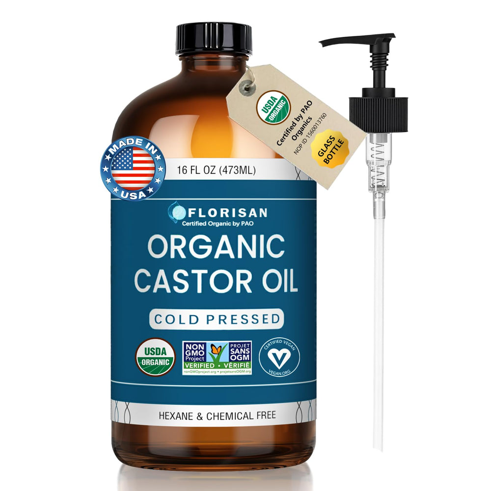 Florisan Organic Castor Oil 16oz glass bottle for skin, hair, and lashes hydration.