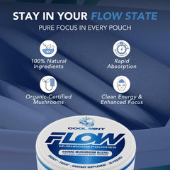 Flow Pouches cool mint pack on desk promoting caffeine-free focus.