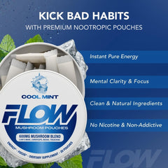 Flow Pouches mushroom blend close-up for steady clean energy during study sessions.