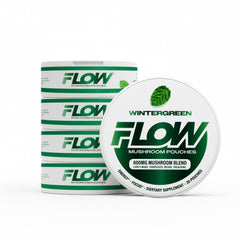 Flow Pouches Mushroom Nootropic box front highlights clean energy concept