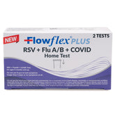 Flowflex Plus home test kit front cover shows the 4-in-1 panel for quick at-home screening.