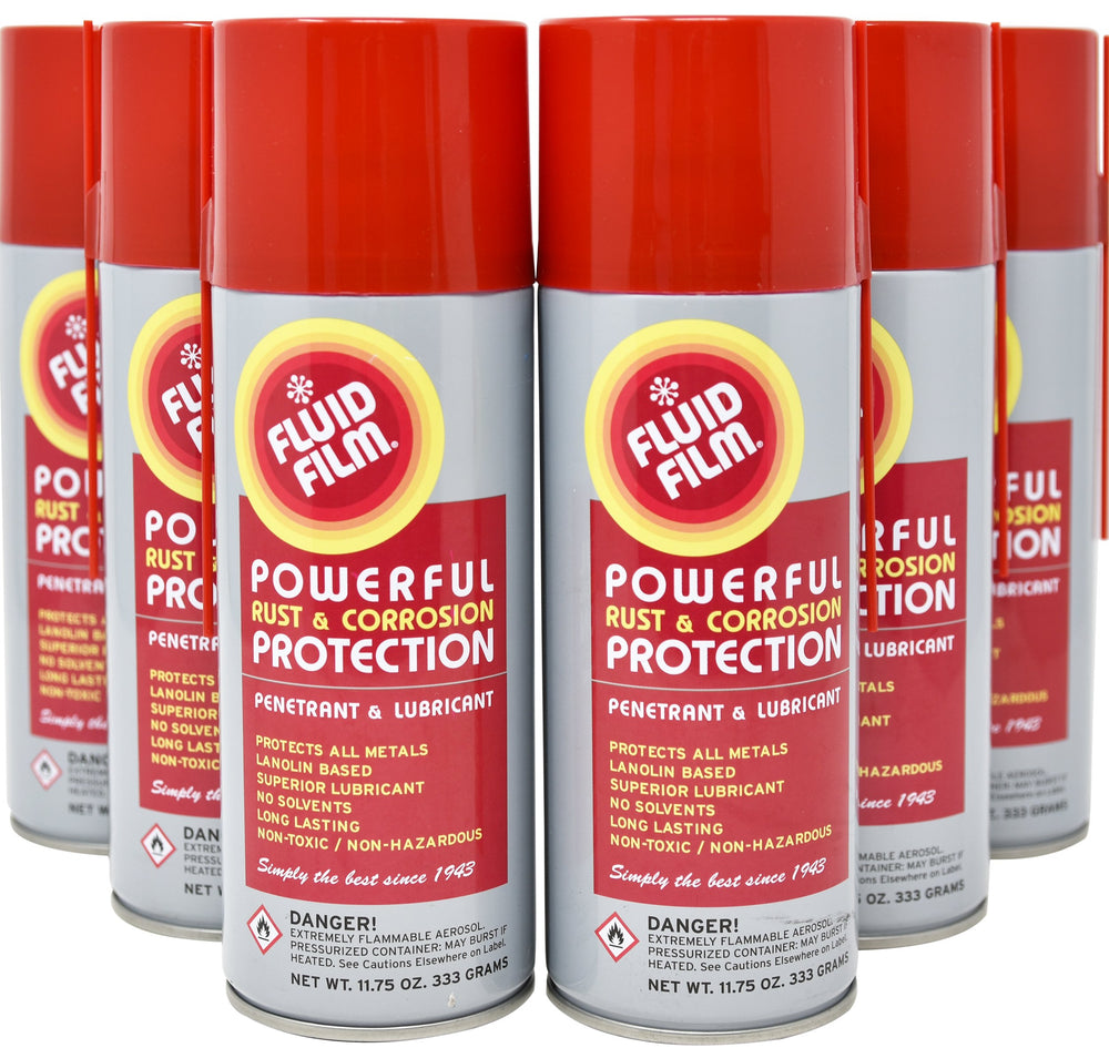 Fluid Film rust protection aerosol spray safeguarding metal surfaces from corrosion.
