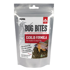 Fluval Bug Bites – granulés cichlides, nutrition complète pour poissons actifs.