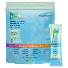 FlyWell travel vitamin tonic stick-pack ready to boost your hydration on flights.