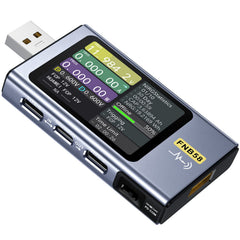 FNIRSI FNB58 USB Tester LCD display shows live voltage and current readings