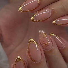 Foccna almond press-on nails with gold line design for a quick at-home manicure.