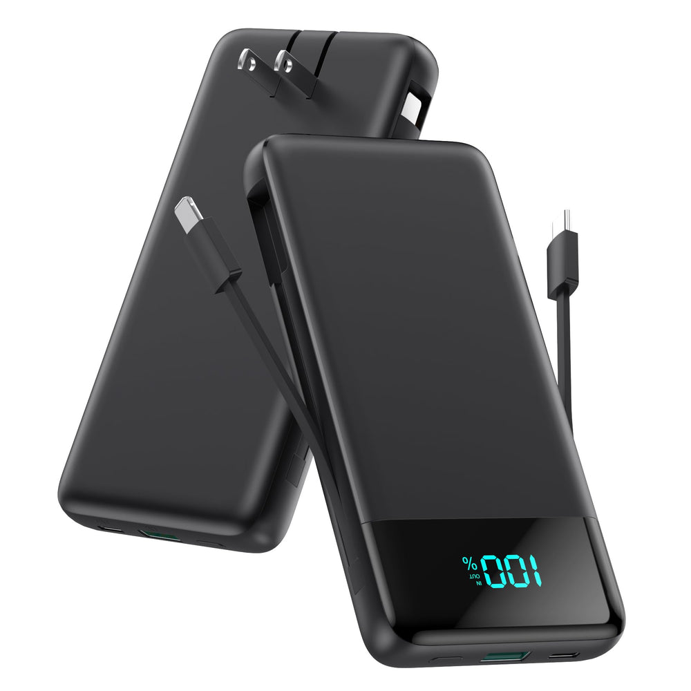 FOCHEW portable charger with built-in cables powers devices on the go without extra adapters.